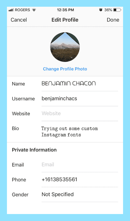 open edit profile and paste IG font for Bio or Name