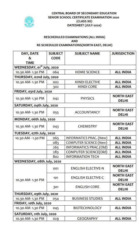 New CBSE Date Sheet 2020 for Class 12 (Pending Papers)
