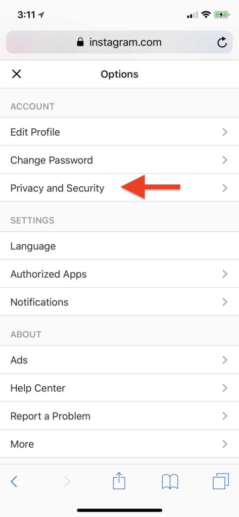 IG privacy & settings option