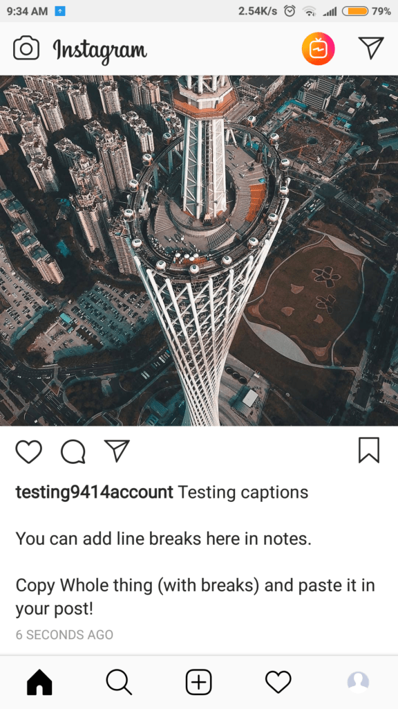Add line breaks in IG captions using Notes