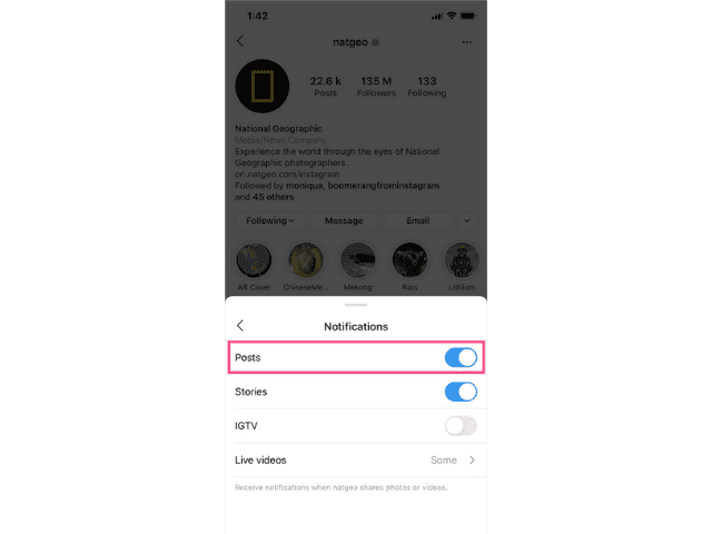 Enable Post notification for Posts Stories IGTV videos option