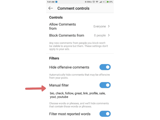 Manual Filter used to block spam comments on instagram