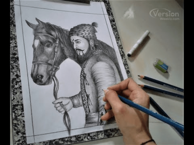 sketch of shivaji raje with horse